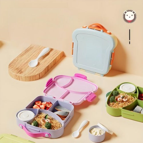 Lunchbox met sausbox ‌en bestek‌ - Lekvrij Bento Box 900ml voor Diepvries, Vaatwasser & Magnetronbestendig - met Silicone Afdichtring - met 4 Vakken Voor volwassenen en kinderen‌ - Blauw - 20.5×21.5×5cm - 100% Lekvrij, BPA-vrij & Magnetronbestendig