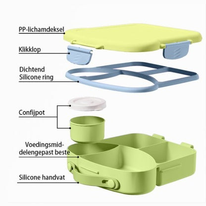 Lunchbox met sausbox ‌en bestek‌ - Lekvrij Bento Box 900ml voor Diepvries, Vaatwasser & Magnetronbestendig - met Silicone Afdichtring - met 4 Vakken Voor volwassenen en kinderen‌ - Groen -20.5×21.5×5cm - 100% Lekvrij, BPA-vrij & Magnetronbestendig