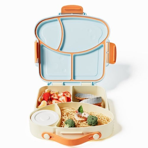 Lunchbox met sausbox ‌en bestek‌ - Lekvrij Bento Box 900ml voor Diepvries, Vaatwasser & Magnetronbestendig - met Silicone Afdichtring - met 4 Vakken Voor volwassenen en kinderen‌ - Blauw - 20.5×21.5×5cm - 100% Lekvrij, BPA-vrij & Magnetronbestendig