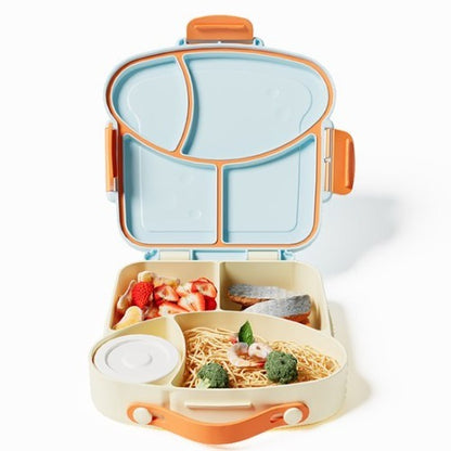 Lunchbox met sausbox ‌en bestek‌ - Lekvrij Bento Box 900ml voor Diepvries, Vaatwasser & Magnetronbestendig - met Silicone Afdichtring - met 4 Vakken Voor volwassenen en kinderen‌ - Blauw - 20.5×21.5×5cm - 100% Lekvrij, BPA-vrij & Magnetronbestendig