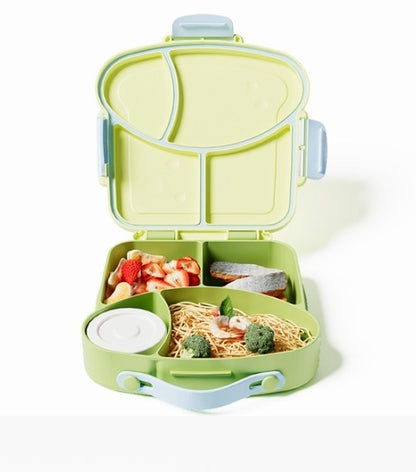 Lunchbox met sausbox ‌en bestek‌ - Lekvrij Bento Box 900ml voor Diepvries, Vaatwasser & Magnetronbestendig - met Silicone Afdichtring - met 4 Vakken Voor volwassenen en kinderen‌ - Groen -20.5×21.5×5cm - 100% Lekvrij, BPA-vrij & Magnetronbestendig