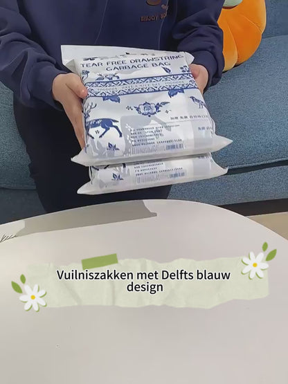 Extra Sterke Afvalzakken met Trekkoord - 20 Liter 87 Stuks - Scheurvaste Vuilniszakken - Stijlvol Delfts Blauw Design - Lekvrij & Extra Dik - Pedaalemmerzakken voor Keuken - 50*60CM- Universele Pasvorm voor Prullenbak - Niet Doorschijnend