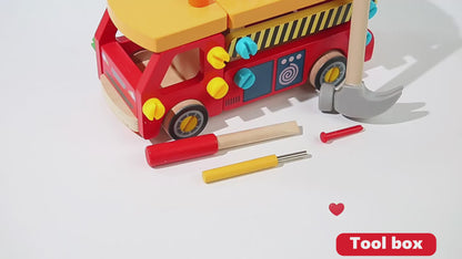 Montessori Tool Trolley Truck – Dismountable Workbench Car – Wooden Construction Toy with PVC Hammer, Nails and Screws, Educational Toy for Fine Motor Skills, Tool Trolley & Truck (Ages 3+, Hand-Planed + Safe Paint) 